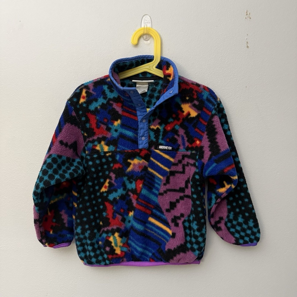 Vintage Obermeyer Fleece Pullover Youth S Red Purple Geometric Abstract Snap 90s